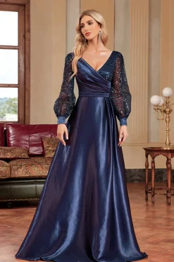 Navy Sequin Mangas Longas Uma Linha Mãe Da Noiva Dresse