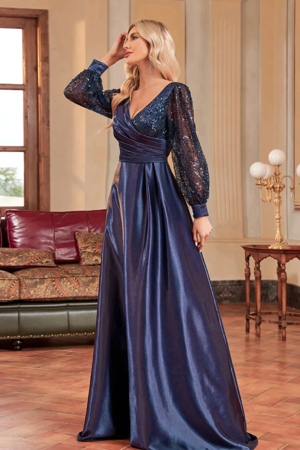 Navy Sequin Mangas Longas Uma Linha Mãe Da Noiva Dresse