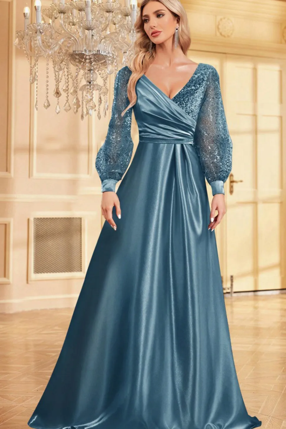 Navy Sequin Mangas Longas Uma Linha Mãe Da Noiva Dresse