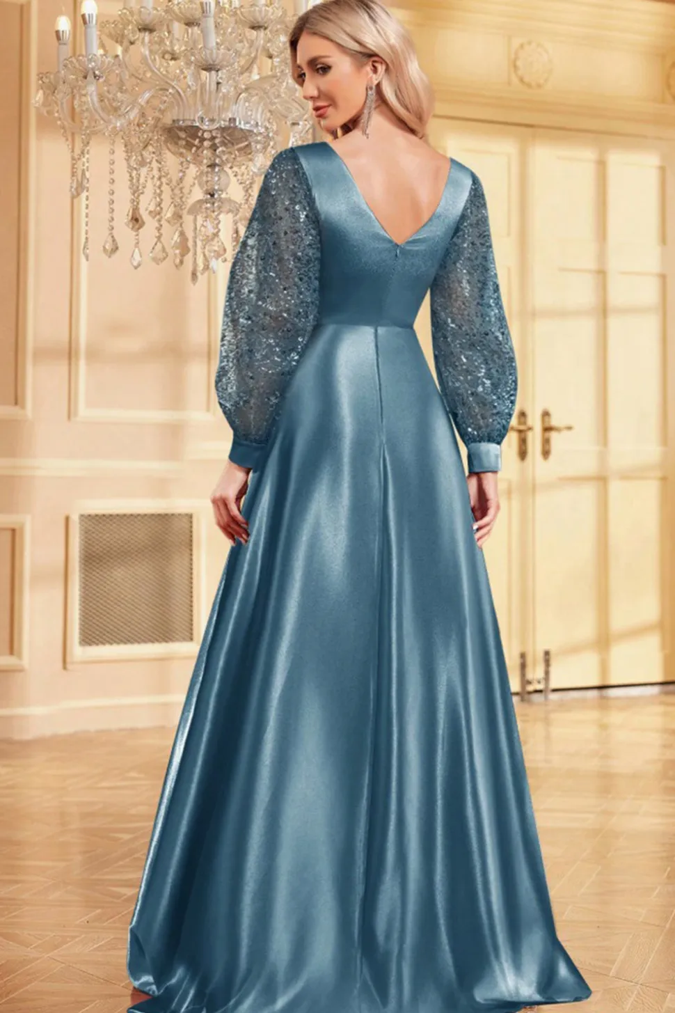 Navy Sequin Mangas Longas Uma Linha Mãe Da Noiva Dresse