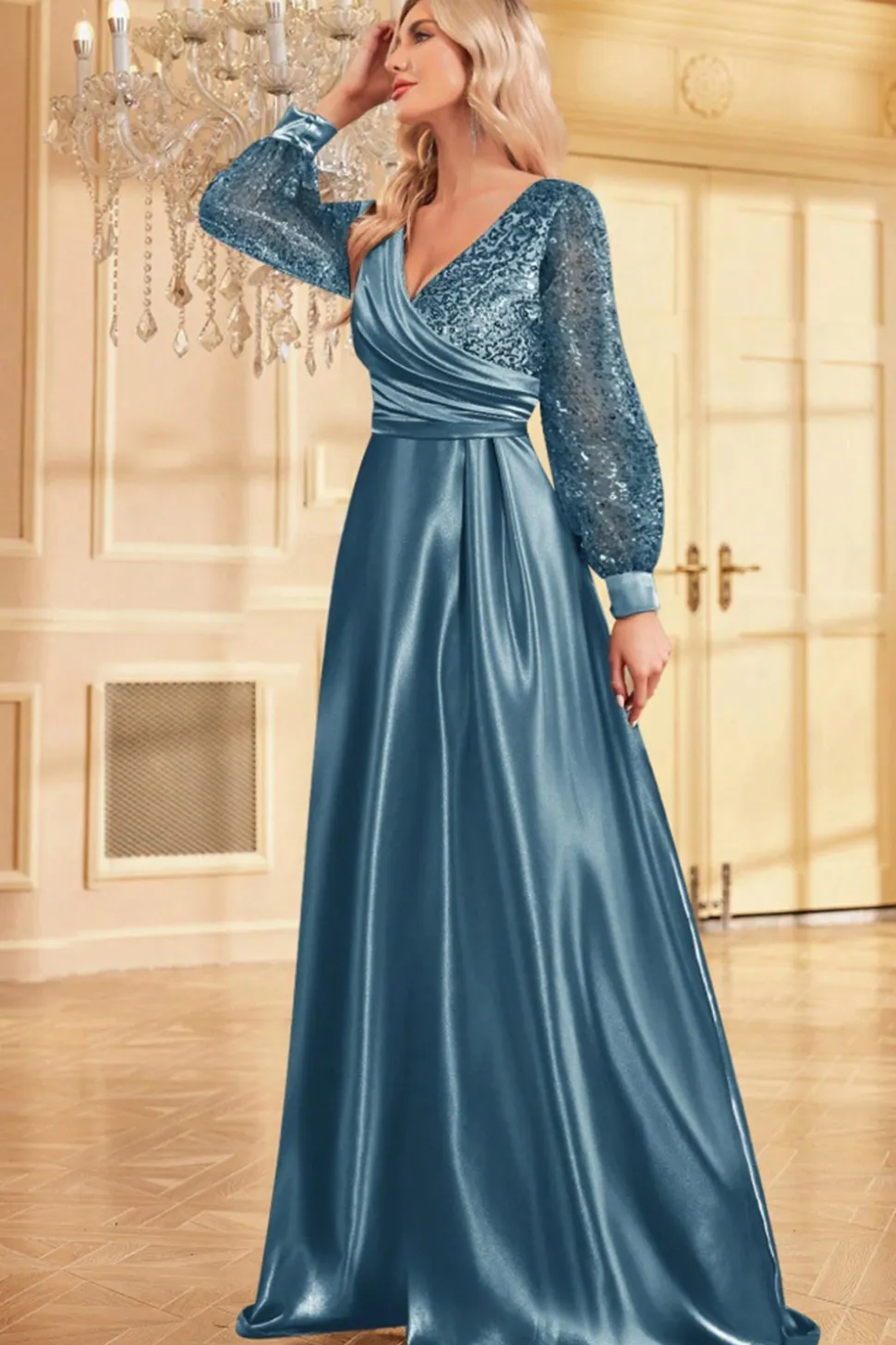 Navy Sequin Mangas Longas Uma Linha Mãe Da Noiva Dresse