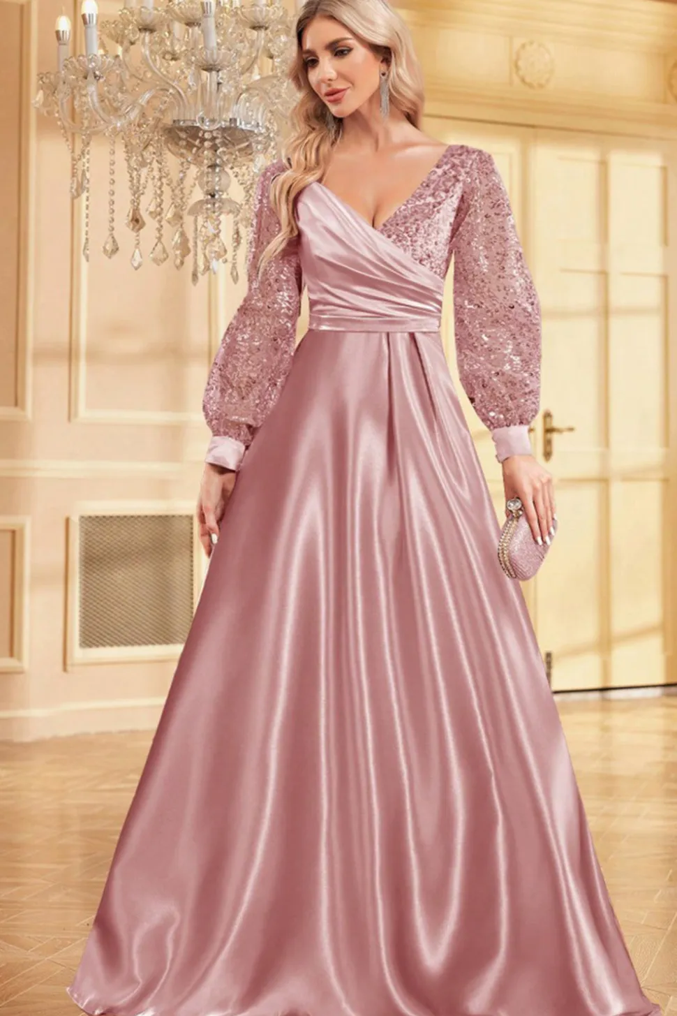 Navy Sequin Mangas Longas Uma Linha Mãe Da Noiva Dresse