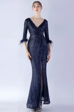 Navy Sequin V-neck meias mangas bainha vestido formal com pena