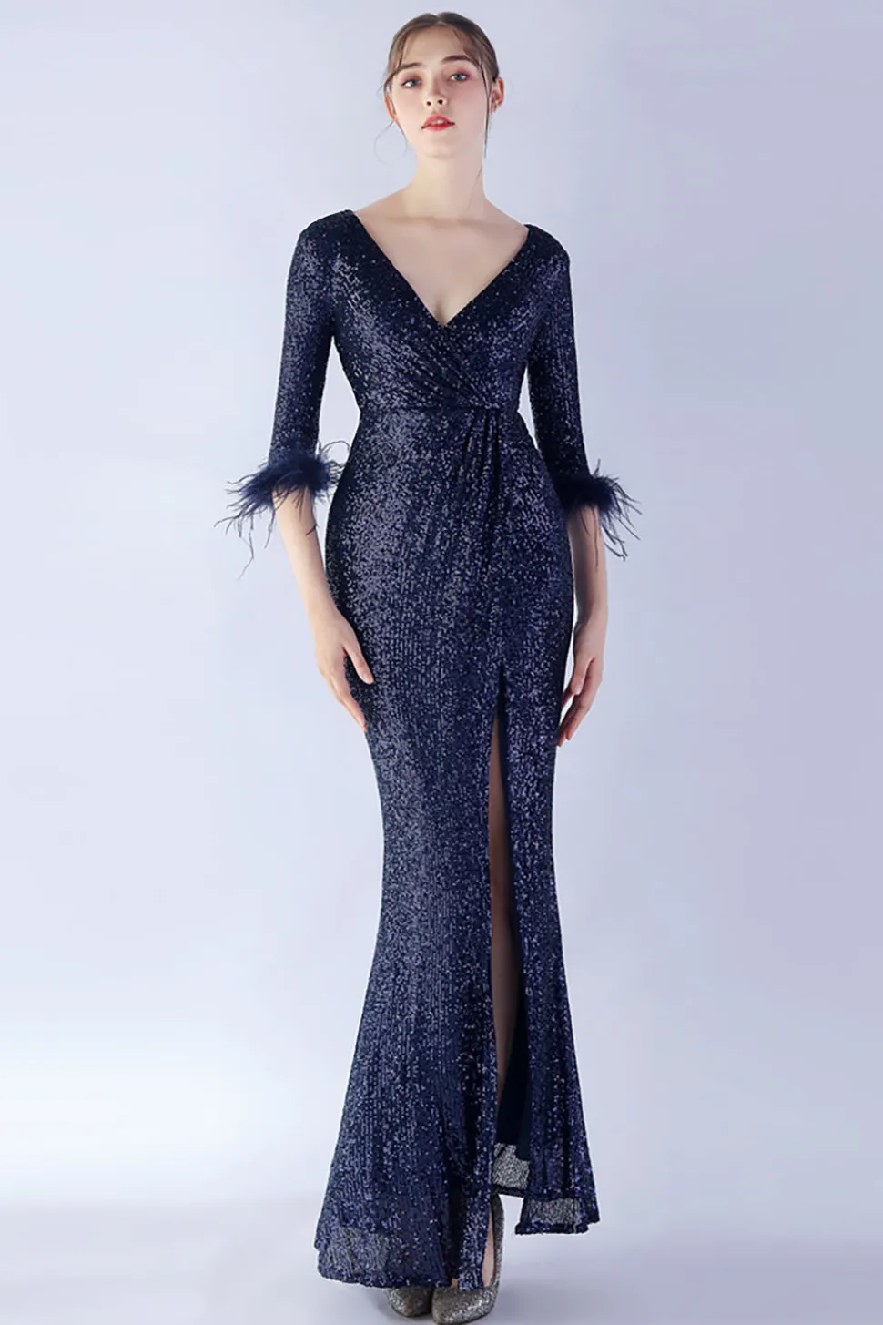 Navy Sequin V-neck meias mangas bainha vestido formal com pena