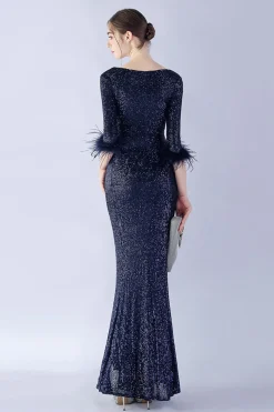 Navy Sequin V-neck meias mangas bainha vestido formal com pena