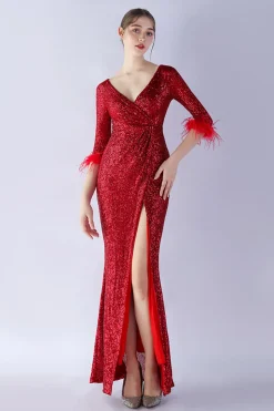 Navy Sequin V-neck meias mangas bainha vestido formal com pena