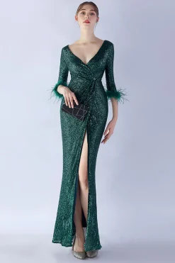 Navy Sequin V-neck meias mangas bainha vestido formal com pena