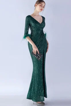 Navy Sequin V-neck meias mangas bainha vestido formal com pena