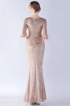 Navy Sequin V-neck meias mangas bainha vestido formal com pena