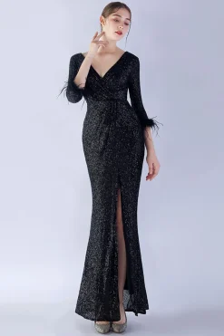 Navy Sequin V-neck meias mangas bainha vestido formal com pena