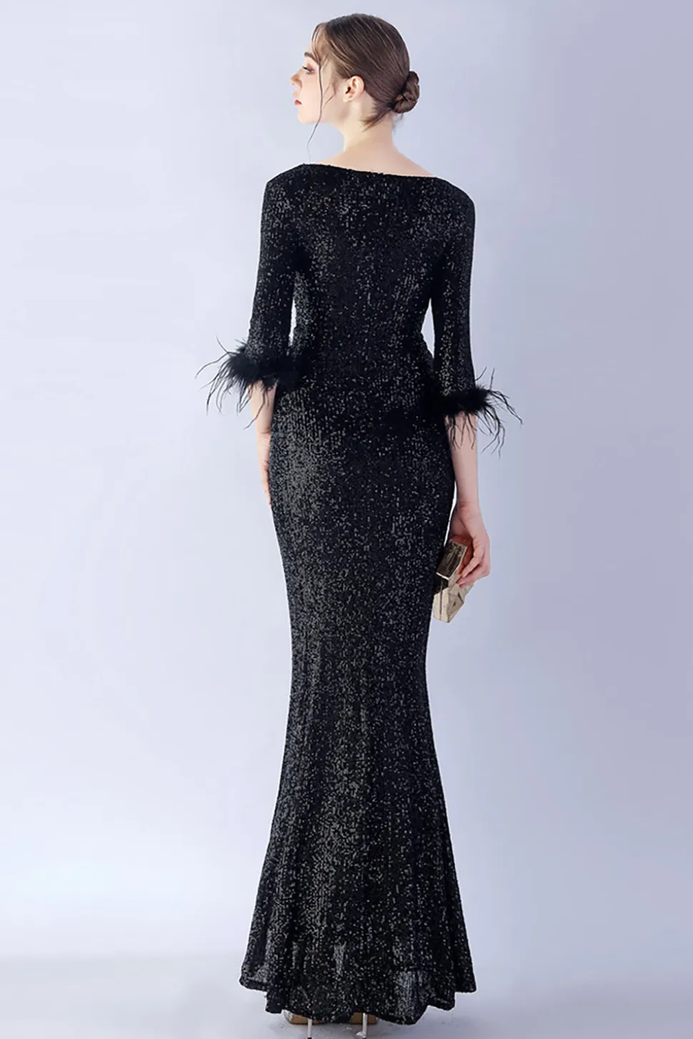 Navy Sequin V-neck meias mangas bainha vestido formal com pena
