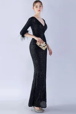 Navy Sequin V-neck meias mangas bainha vestido formal com pena
