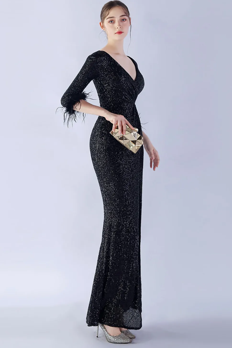Navy Sequin V-neck meias mangas bainha vestido formal com pena