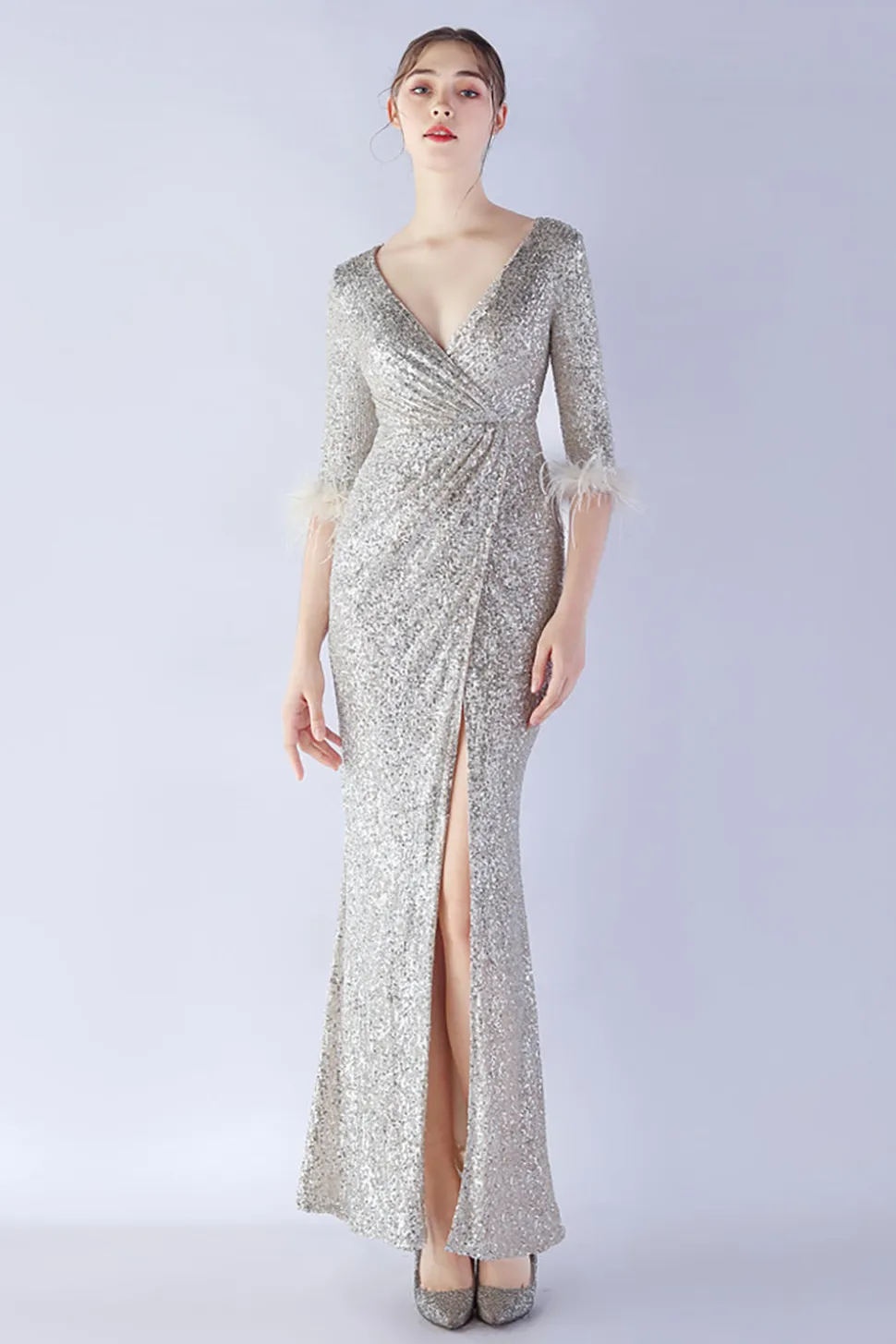 Navy Sequin V-neck meias mangas bainha vestido formal com pena
