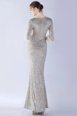 Navy Sequin V-neck meias mangas bainha vestido formal com pena