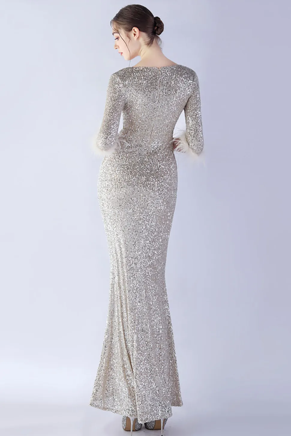 Navy Sequin V-neck meias mangas bainha vestido formal com pena
