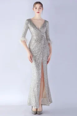 Navy Sequin V-neck meias mangas bainha vestido formal com pena