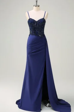 Navy Sereia Esparguete Correias Ruched Streamer Long Prom Dress with Lace