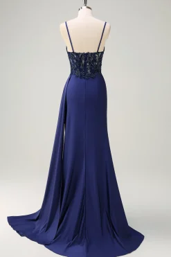 Navy Sereia Esparguete Correias Ruched Streamer Long Prom Dress with Lace