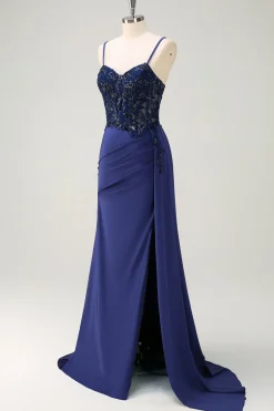 Navy Sereia Esparguete Correias Ruched Streamer Long Prom Dress with Lace