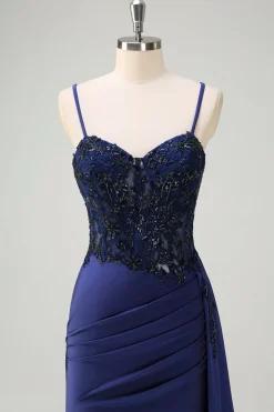Navy Sereia Esparguete Correias Ruched Streamer Long Prom Dress with Lace