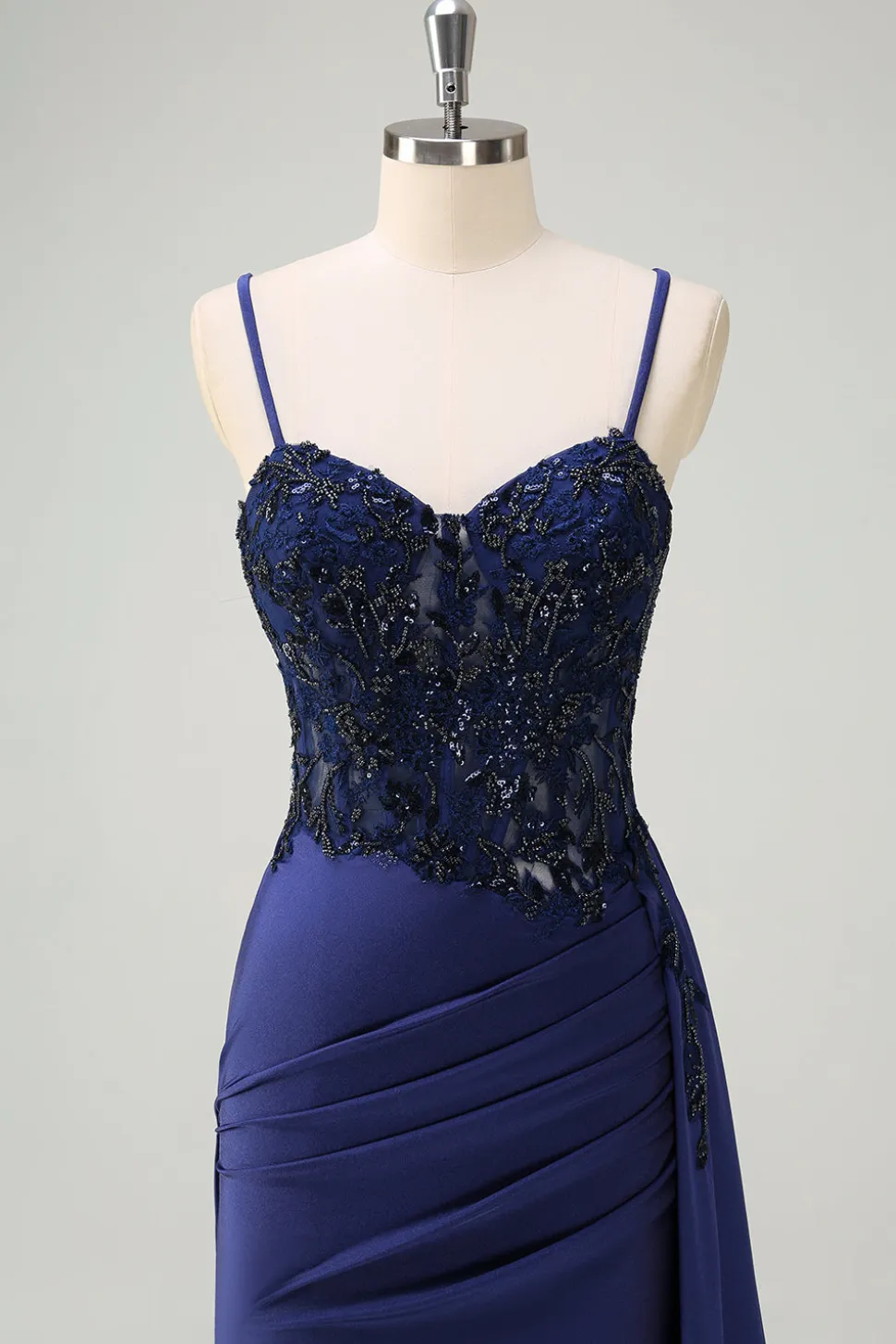 Navy Sereia Esparguete Correias Ruched Streamer Long Prom Dress with Lace
