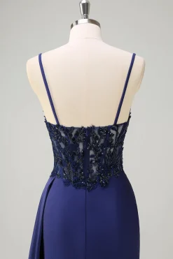 Navy Sereia Esparguete Correias Ruched Streamer Long Prom Dress with Lace