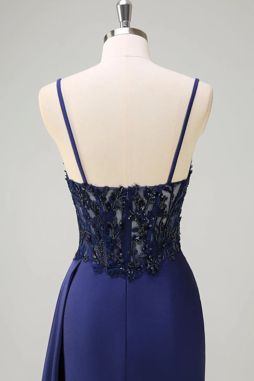 Navy Sereia Esparguete Correias Ruched Streamer Long Prom Dress with Lace
