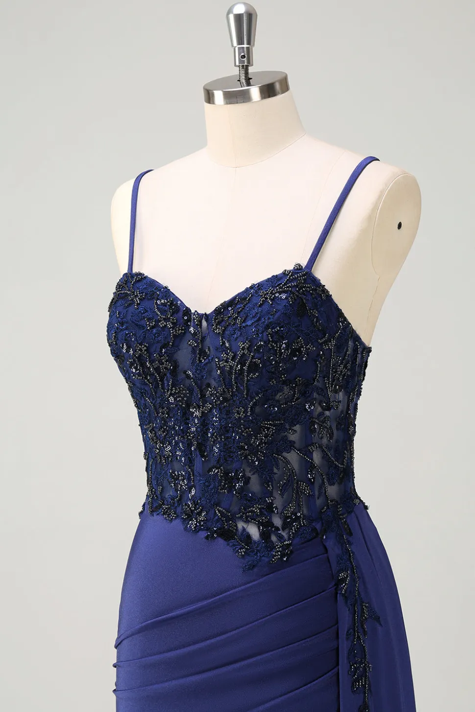 Navy Sereia Esparguete Correias Ruched Streamer Long Prom Dress with Lace