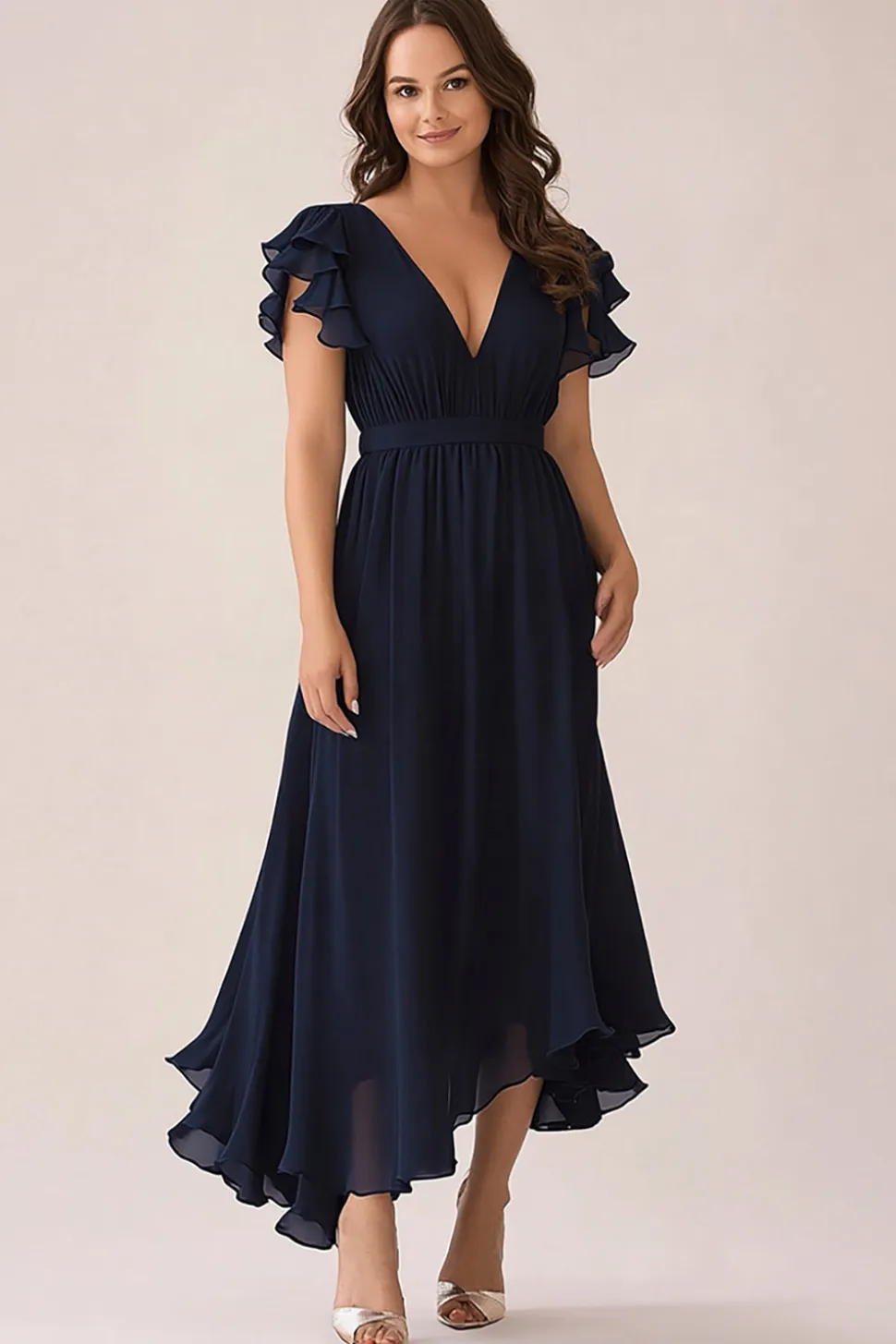 Navy V Pescoço Assimétrico Plus Size Chiffon Mãe do Vestido da Noiva
