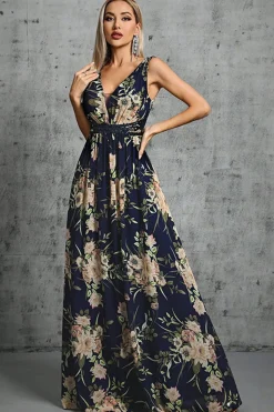 Navy V Pescoço Uma Linha Estampada Flor Chiffon Vestido Formal
