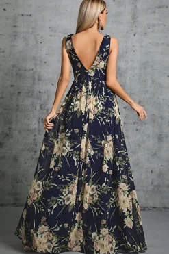Navy V Pescoço Uma Linha Estampada Flor Chiffon Vestido Formal