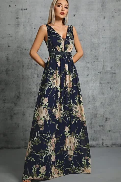 Navy V Pescoço Uma Linha Estampada Flor Chiffon Vestido Formal