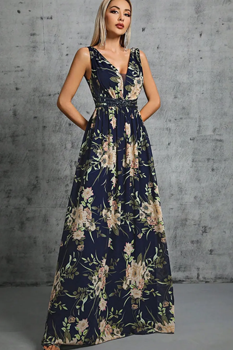 Navy V Pescoço Uma Linha Estampada Flor Chiffon Vestido Formal