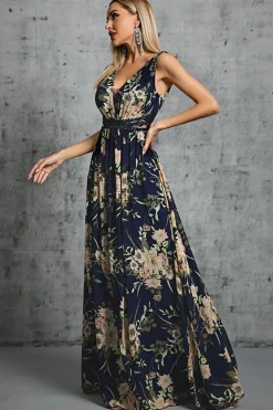 Navy V Pescoço Uma Linha Estampada Flor Chiffon Vestido Formal