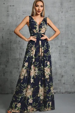 Navy V Pescoço Uma Linha Estampada Flor Chiffon Vestido Formal