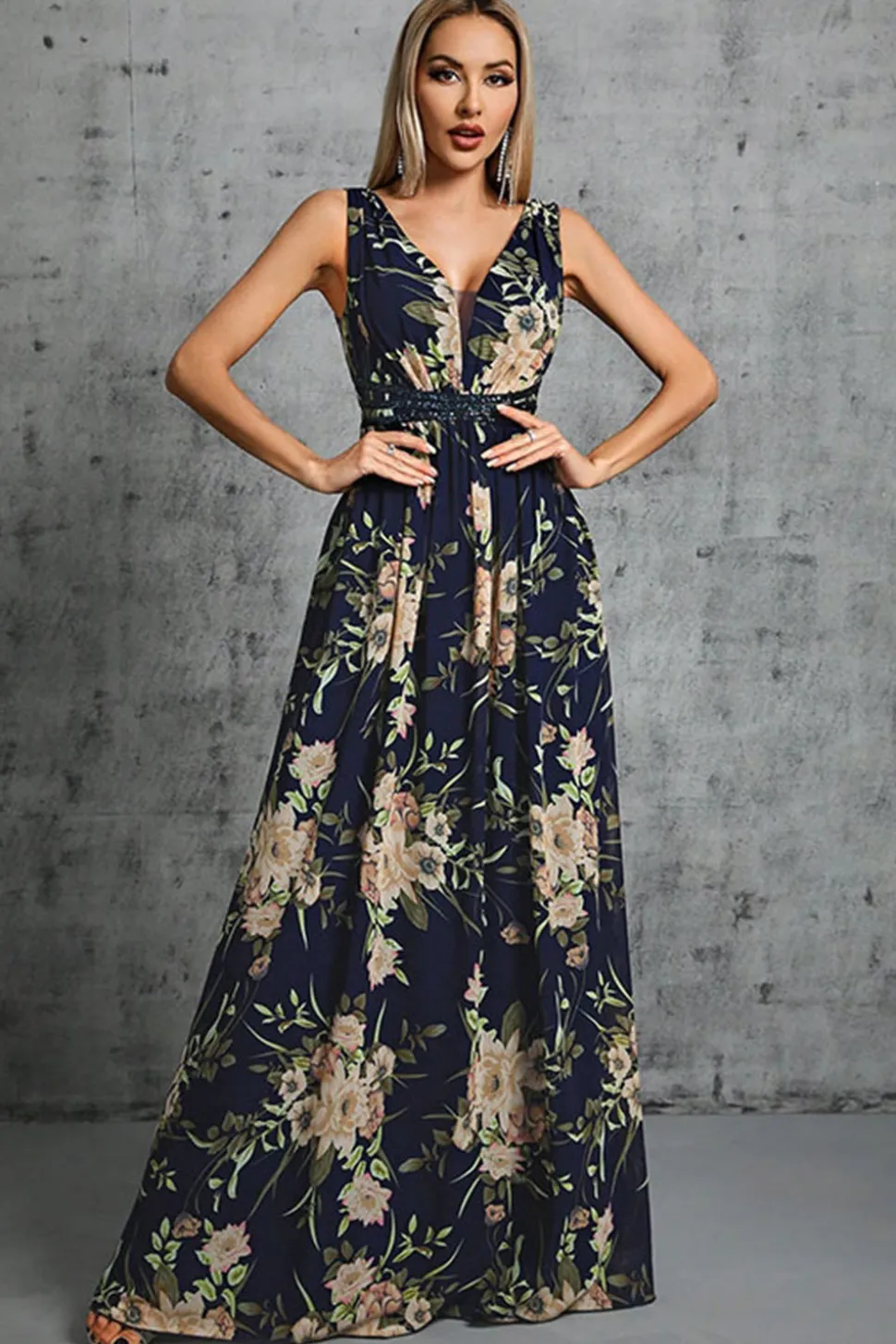 Navy V Pescoço Uma Linha Estampada Flor Chiffon Vestido Formal
