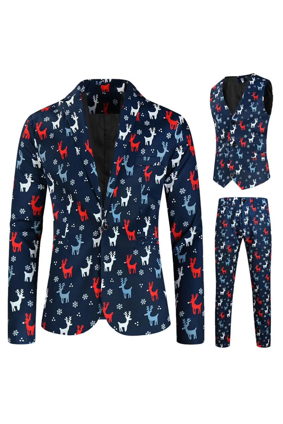 Notched Lapela Um Botão Elk Dark Blue Natal Ternos Masculinos