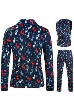 Notched Lapela Um Botão Elk Dark Blue Natal Ternos Masculinos