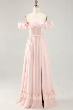 Off The Shoulder Blush babado um vestido de dama de honra linha com fenda