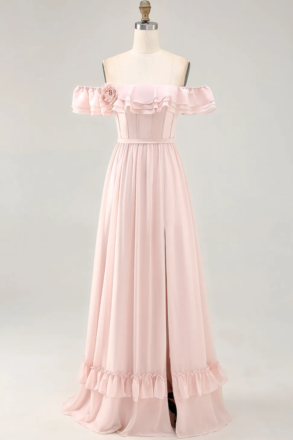 Off The Shoulder Blush babado um vestido de dama de honra linha com fenda