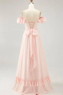 Off The Shoulder Blush babado um vestido de dama de honra linha com fenda