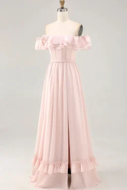 Off The Shoulder Blush babado um vestido de dama de honra linha com fenda