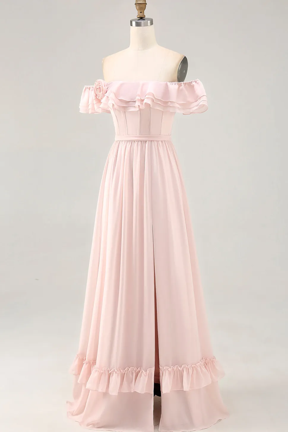 Off The Shoulder Blush babado um vestido de dama de honra linha com fenda