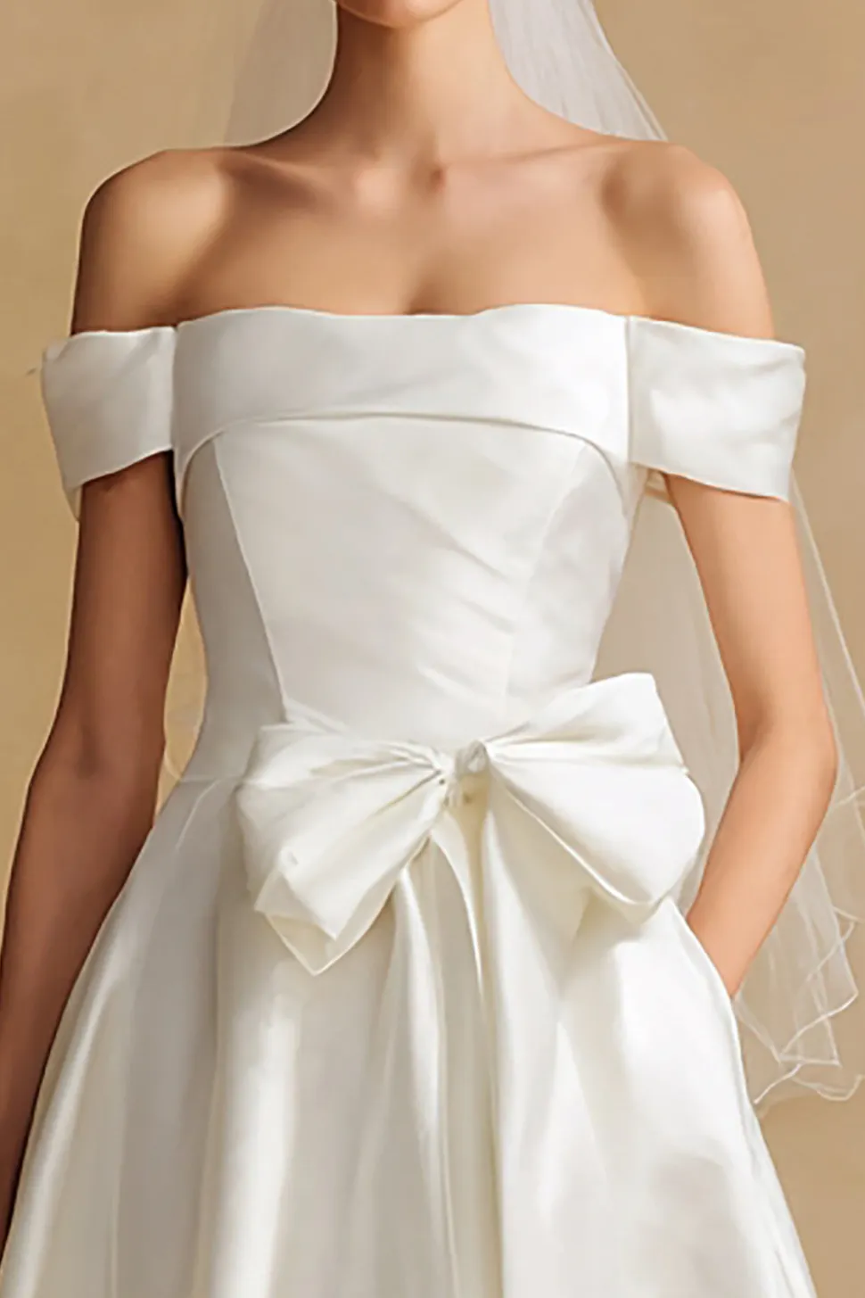 Off The Shoulder Branco Uma Linha Courthouse Vestido de Noiva com Arco