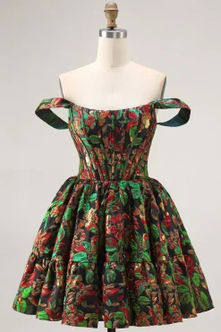 Off The Shoulder Brocado Verde Escuro Floral Uma Linha Vestido Homecoming Impresso