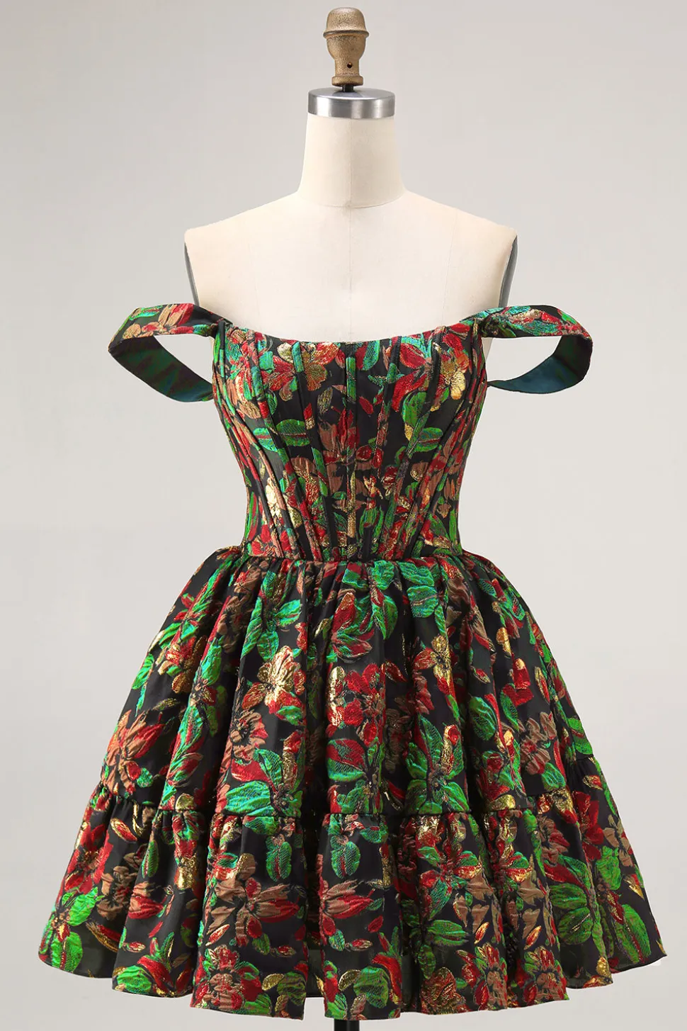 Off The Shoulder Brocado Verde Escuro Floral Uma Linha Vestido Homecoming Impresso
