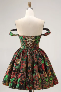 Off The Shoulder Brocado Verde Escuro Floral Uma Linha Vestido Homecoming Impresso