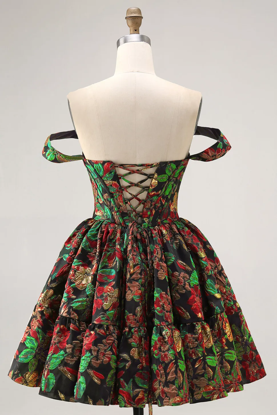 Off The Shoulder Brocado Verde Escuro Floral Uma Linha Vestido Homecoming Impresso