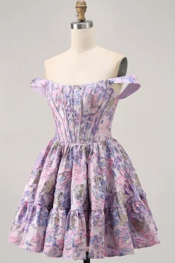Off The Shoulder Brocado Verde Escuro Floral Uma Linha Vestido Homecoming Impresso